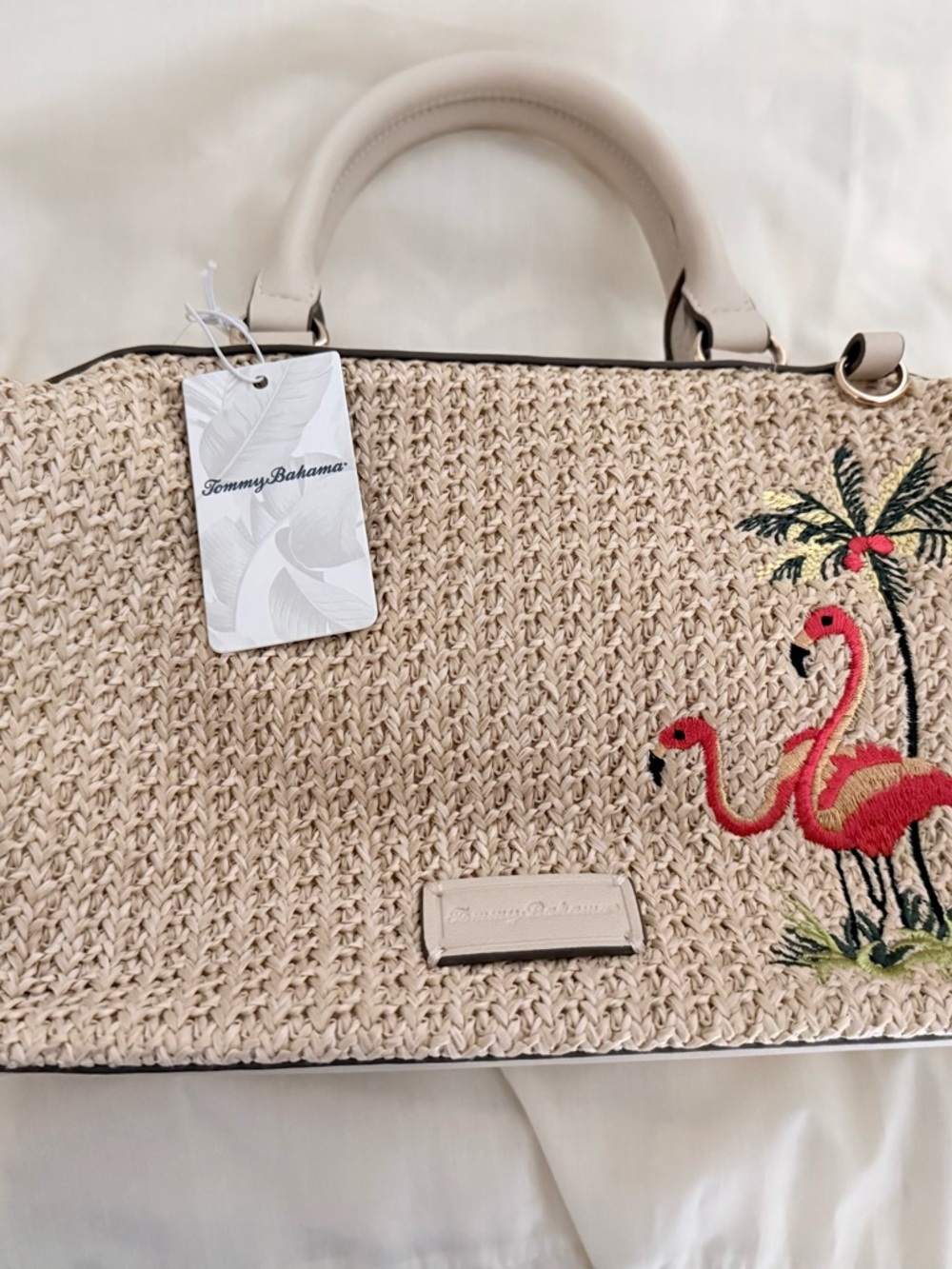 Tommy Bahama Beige Woven Tote with Pink Flamingo Embroidery